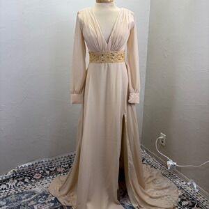 Elegant Formal Gown Beaded Empire Waist Long Sleeve Slit S Regency 70's